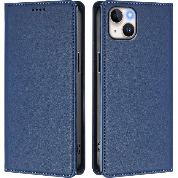 Custodia Per Iphone 15 Plus, Flip Cover In Finto Cuoio Antiurto Magnetica Con Supporto Blu Scuro-image