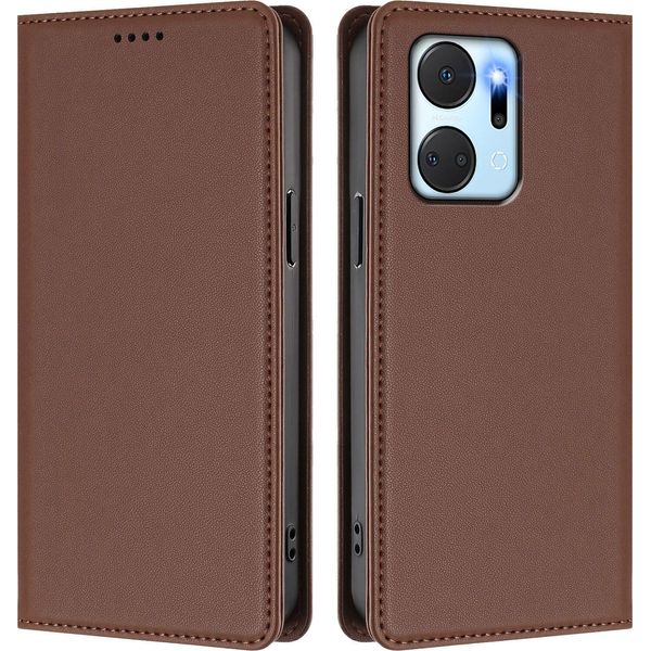 Custodia Per Telefono Cellulare Per Honor X7A, Flip Cover In Finto Cuoio Antiurto Magnetica Con Supporto Marrone-image