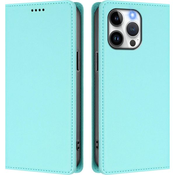 Custodia Per Iphone 15 Pro Max, Flip Cover In Finto Cuoio Antiurto Magnetica Con Supporto Turchese-image