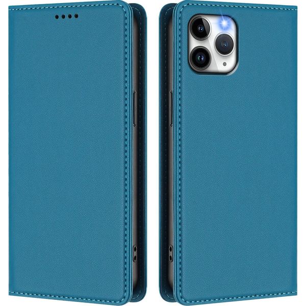Custodia Per Iphone 11 Pro, Flip Cover In Finto Cuoio Antiurto E Magnetica Con Supporto Blu-image