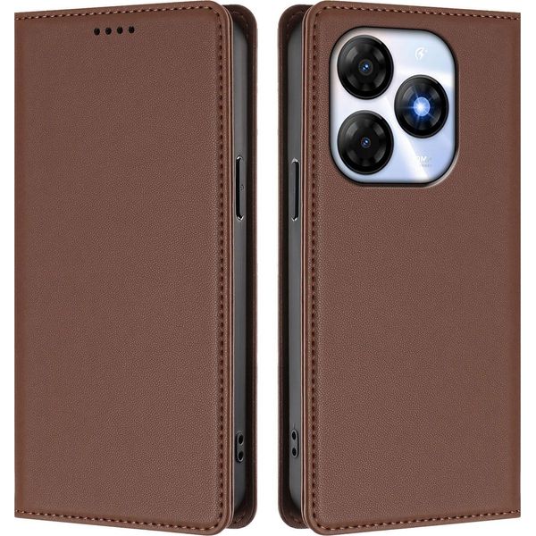 Custodia Per Cellulare Per Itel P55 4G, Flip Cover In Finto Cuoio Antiurto Magnetica Con Supporto Marrone-image