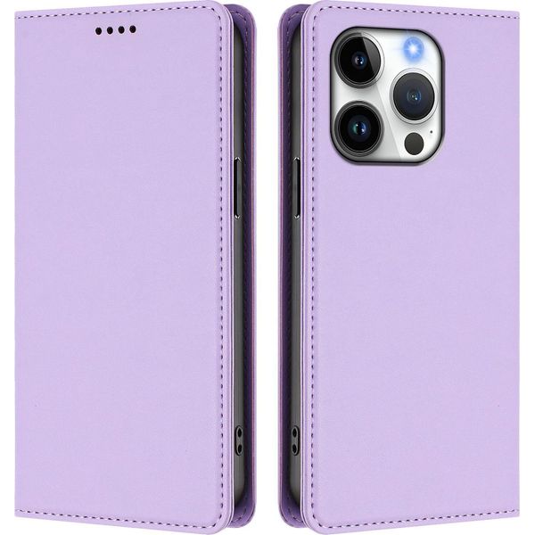 Custodia In Pelle Per Iphone 16 Pro, Custodia Magnetica In Finto Cuoio Con Supporto Viola Chiaro-image