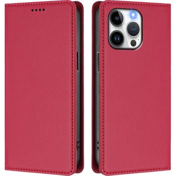 Custodia In Pelle Per Iphone 15 Pro Max, Custodia Magnetica In Finto Cuoio Flip Con Supporto Rosso-image