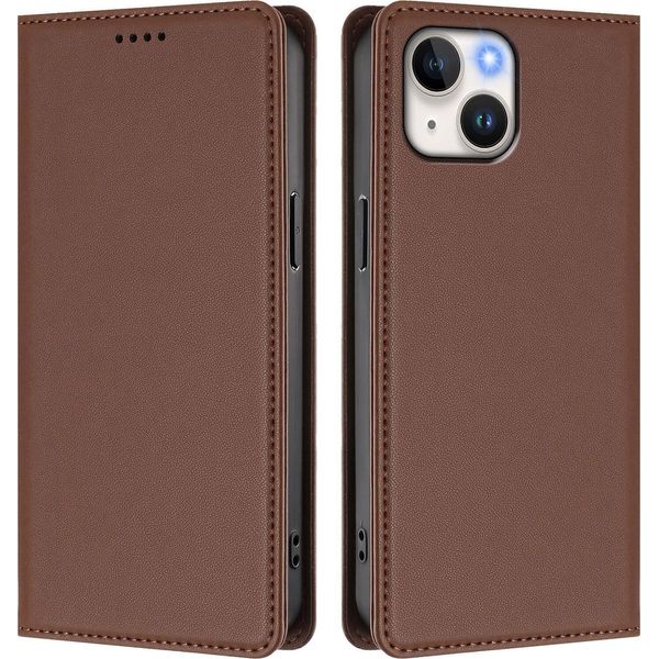 Custodia In Pelle Per Iphone 15, Flip Case Magnetico In Finto Cuoio Con Supporto Brown-image