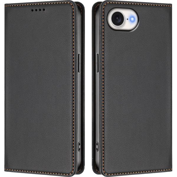 Custodia Per Iphone 16E, Flip Cover In Finto Cuoio Antiurto Magnetica Con Supporto Nero-image