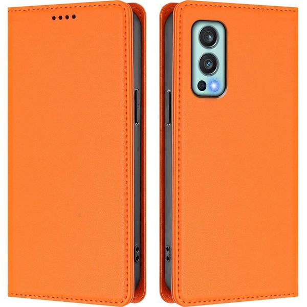 Custodia In Pelle Per Oneplus Nord 2 5G, Custodia Flip Magnetica In Finto Cuoio Con Supporto Arancione-image