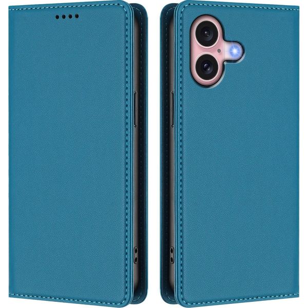 Custodia In Pelle Per Iphone 16, Flip Case Magnetico In Finto Cuoio Con Supporto Lake Blu-image