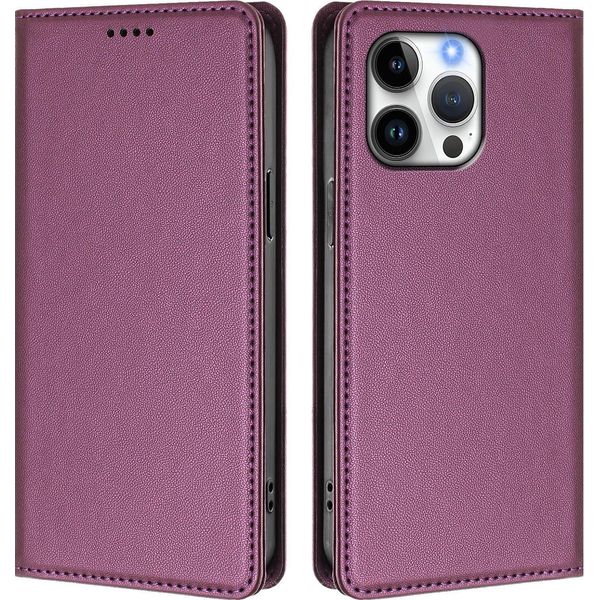 Custodia In Pelle Per Iphone 16 Pro Max, Custodia Magnetica In Finto Cuoio Con Supporto Viola-image