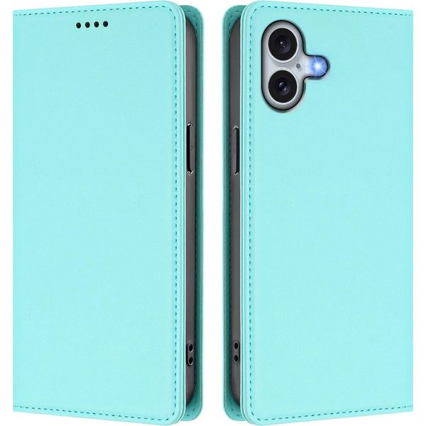 Custodia In Pelle Per Iphone 16 Plus, Flip Case Magnetico In Finto Cuoio Con Supporto Verde Menta-image