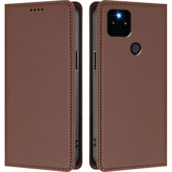 Custodia Per Google Pixel 5A 5G, Flip Cover In Finto Cuoio Antiurto Magnetica Con Supporto Marrone-image