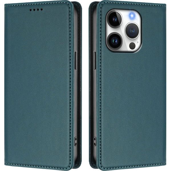 Custodia Per Iphone 16 Pro, Flip Cover In Finto Cuoio Antiurto Magnetica Con Supporto Verde-image