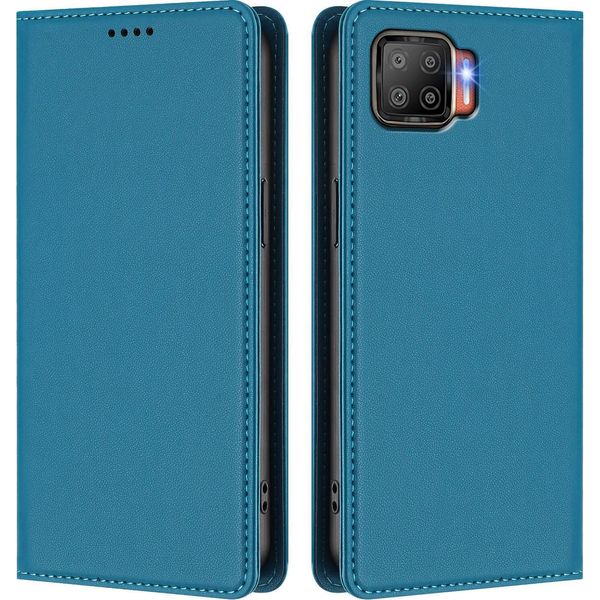 Custodia In Pelle Per Oppo F17, Flip Case Magnetico In Finto Cuoio Con Supporto Lake Blu-image