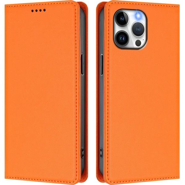 Custodia Per Iphone 13 Pro Max, Flip Cover In Finto Cuoio Antiurto Magnetica Con Supporto Arancione-image
