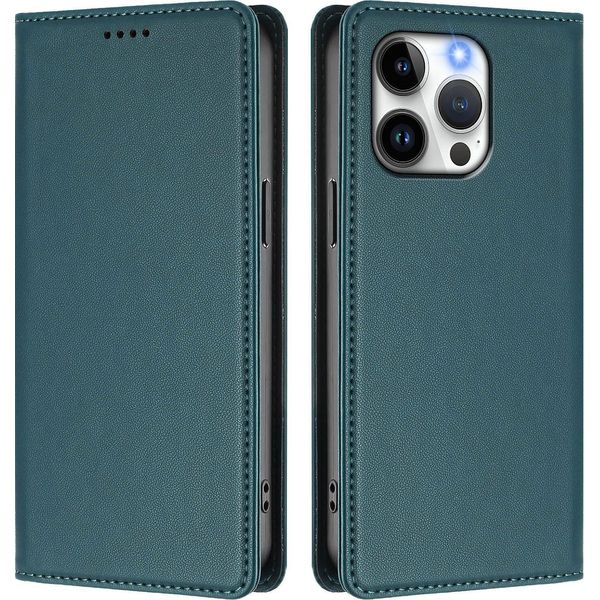 Custodia Per Iphone 13 Pro, Flip Cover In Finto Cuoio Antiurto Magnetica Con Supporto Verde-image