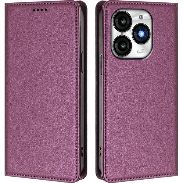 Custodia Per Cellulare Per Itel A70, Flip Cover In Finto Cuoio Antiurto Magnetica Con Supporto Viola-image