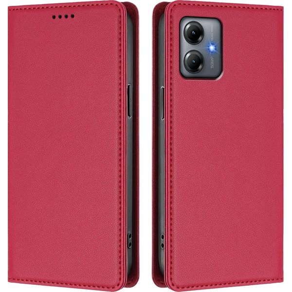 Custodia In Pelle Per Motorola Moto G14, Custodia Flip Magnetica In Finto Cuoio Con Supporto Rosso-image