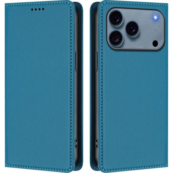 Custodia Per Iphone 17 Pro, Flip Cover In Finto Cuoio Antiurto E Magnetica Con Supporto Blu-image