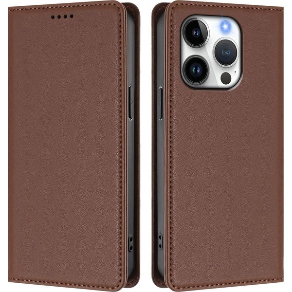 Custodia Per Iphone 16 Pro, Flip Cover In Finto Cuoio Antiurto Magnetica Con Supporto Marrone-image