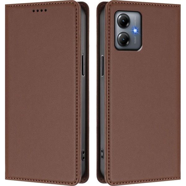 Custodia In Pelle Per Motorola Moto G14, Custodia Flip Magnetica In Finto Cuoio Con Supporto Marrone-image