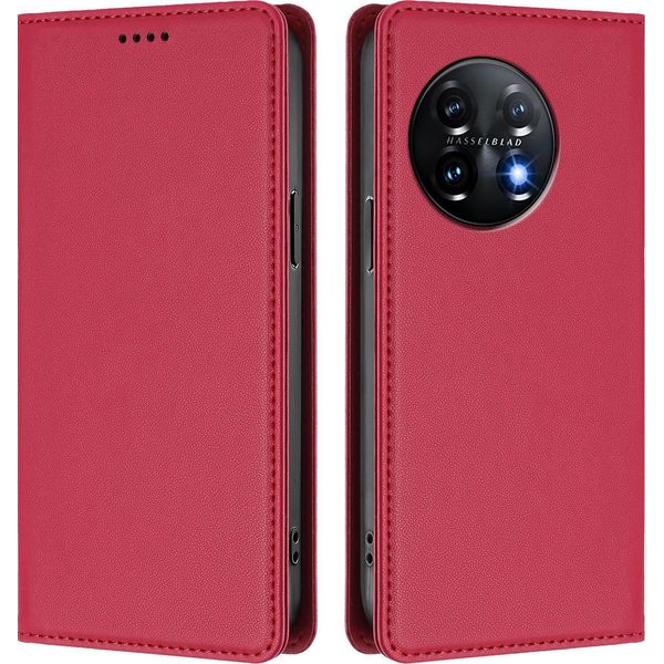 Custodia Per Telefono Cellulare Per Oneplus 11, Flip Cover In Finto Cuoio Antiurto Magnetica Con Supporto Rosso-image
