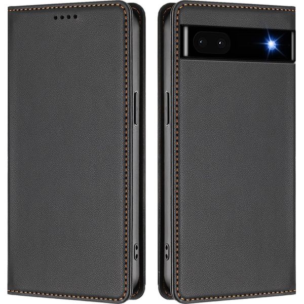 Custodia Per Google Pixel 6A, Flip Cover In Finto Cuoio Antiurto Magnetica Con Supporto Nero-image