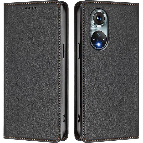 Custodia In Pelle Per Huawei Nova 9 /Honor 50, Flip Case Magnetico In Finto Cuoio Con Supporto Nero-image