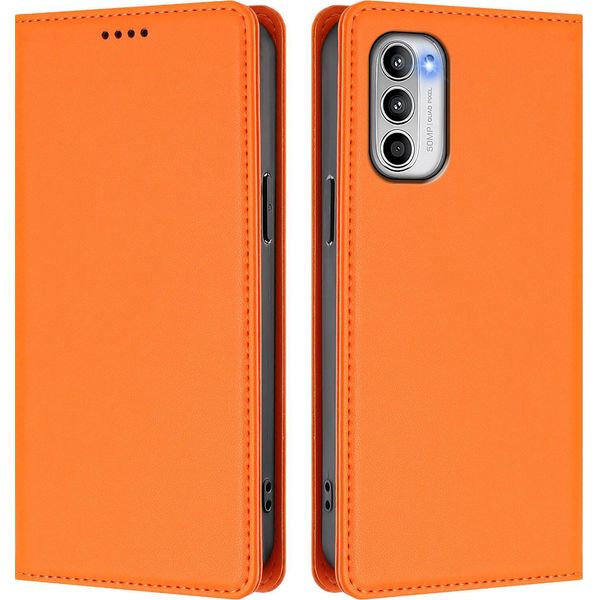Custodia In Pelle Per Motorola Moto G 5G 2022, Custodia Flip Magnetica In Finto Cuoio Con Supporto Arancione-image