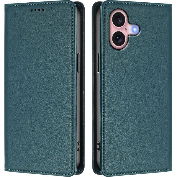 Custodia Per Iphone 16, Flip Cover In Finto Cuoio Antiurto Magnetica Con Supporto Verde-image