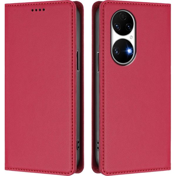 Custodia Per Huawei P50, Flip Cover In Finto Cuoio Antiurto Magnetica Con Supporto Rosso-image