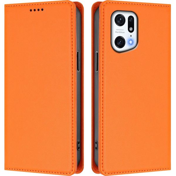 Custodia In Pelle Per Oppo Find X5 Pro, Custodia Flip Magnetica In Finto Cuoio Con Supporto Arancione-image