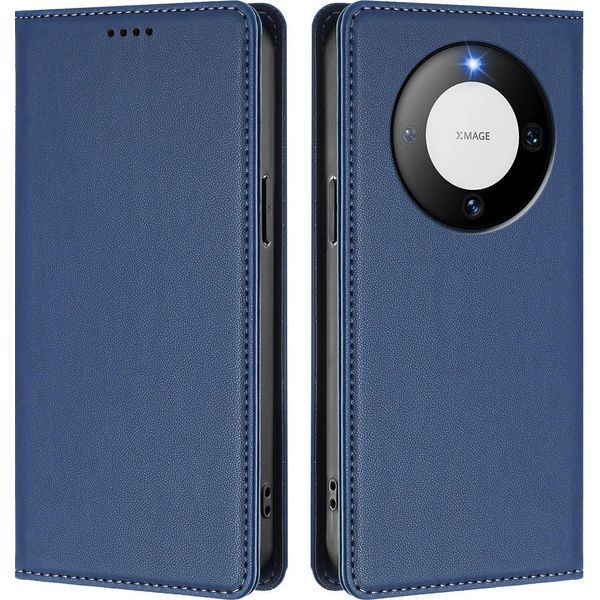 Custodia Per Huawei Mate 60, Flip Cover In Finto Cuoio Antiurto Magnetica Con Supporto Blu Scuro-image