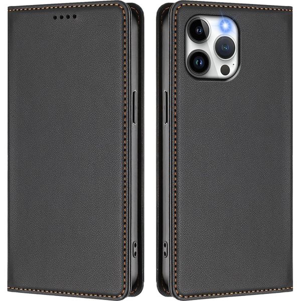 Custodia Per Iphone 13 Pro Max, Flip Cover In Finto Cuoio Antiurto Magnetica Con Supporto Nero-image
