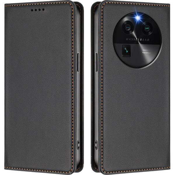 Custodia In Pelle Per Oppo Find X6, Flip Case Magnetico In Finto Cuoio Con Supporto Nero-image