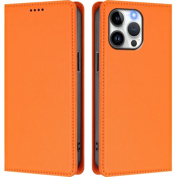 Custodia Per Iphone 14 Pro Max, Flip Cover In Finto Cuoio Antiurto Magnetica Con Supporto Arancione-image