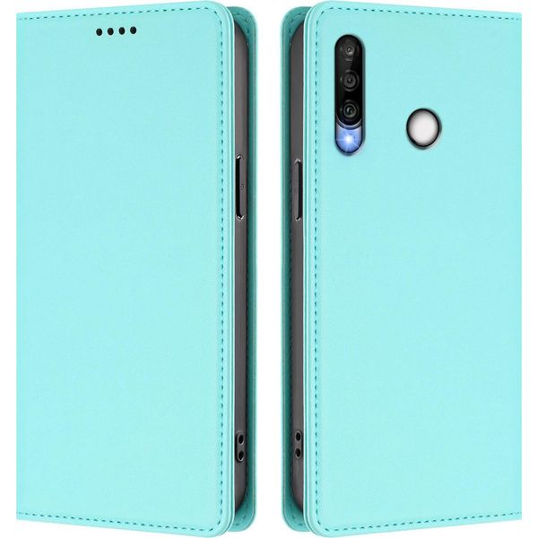 Custodia Per Huawei P30 Lite, Flip Cover In Finto Cuoio Antiurto Magnetica Con Supporto Turchese-image