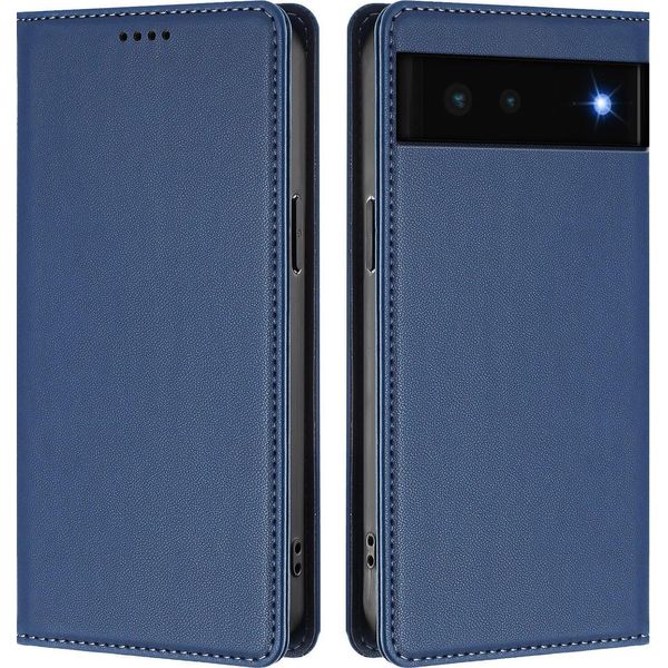 Custodia Per Google Pixel 6, Flip Cover In Finto Cuoio Antiurto Magnetica Con Supporto Blu Scuro-image