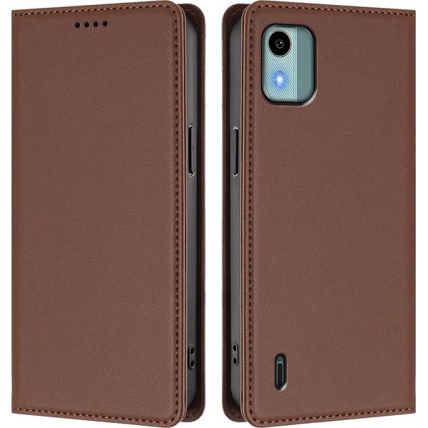 Custodia In Pelle Per Nokia C12, Custodia Flip Magnetica In Finto Cuoio Con Supporto Marrone-image