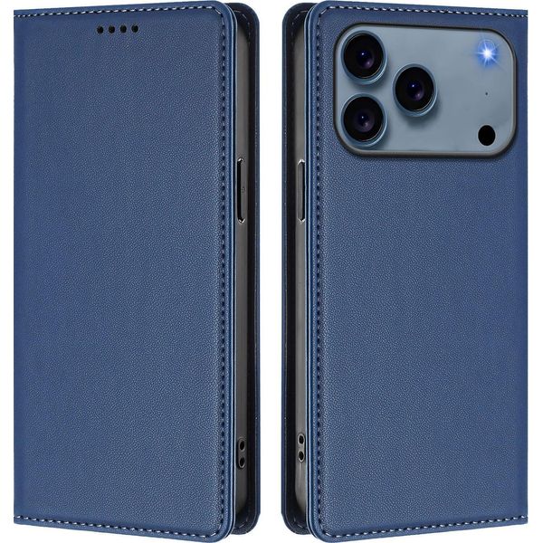 Custodia In Pelle Per Iphone 17 Pro, Flip Case Magnetico In Finto Cuoio Con Supporto Blu Scuro-image