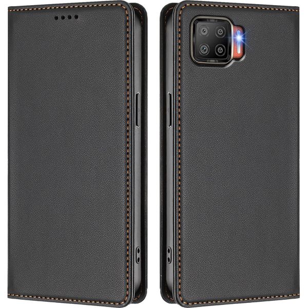 Custodia In Pelle Per Oppo F17, Flip Case Magnetico In Finto Cuoio Con Supporto Nero-image