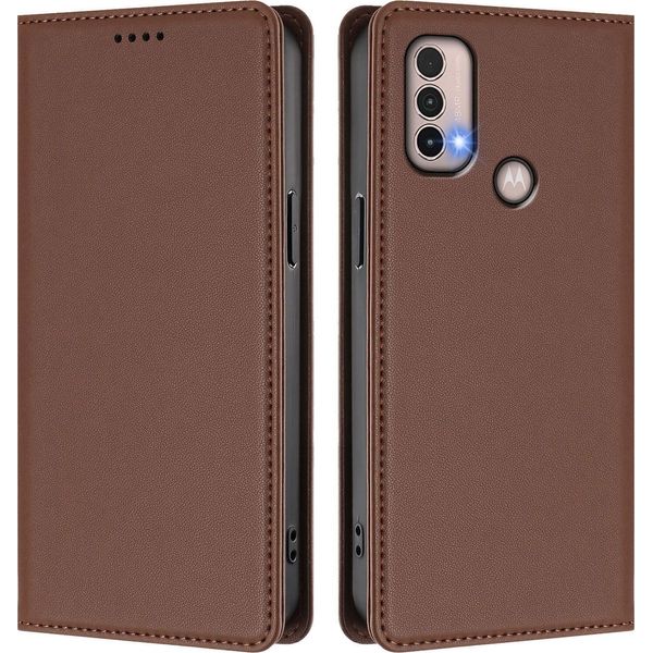 Custodia In Pelle Per Motorola Moto E20 / E30 / E40, Custodia Flip Magnetica In Finto Cuoio Con Supporto Marrone-image