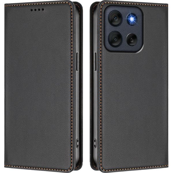 Custodia Per Motorola Moto G56, Flip Cover In Finto Cuoio Antiurto Magnetica Con Supporto Nero-image