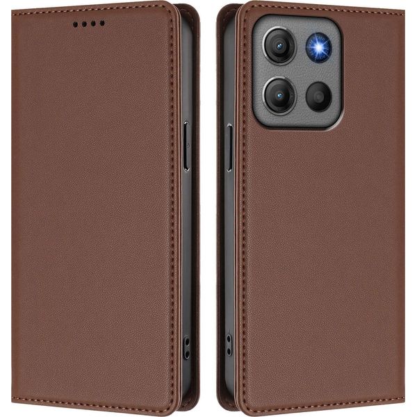 Custodia Per Motorola Moto G15/Moto G15 Power, Flip Cover In Finto Cuoio Antiurto Magnetica Con Supporto Marrone-image