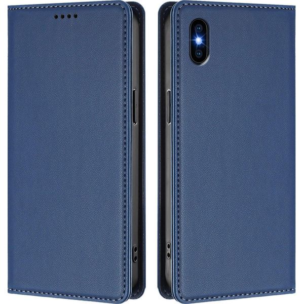 Custodia Per Iphone Xs Max, Flip Cover In Finto Cuoio Antiurto E Magnetica Con Supporto Blu Scuro-image
