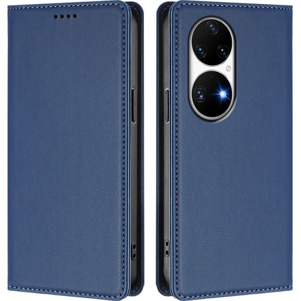 Custodia Per Huawei P50 Pro, Flip Cover In Finto Cuoio Antiurto Magnetica Con Supporto Blu Scuro-image