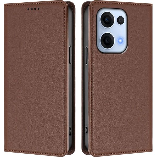 Custodia In Pelle Per Oppo Reno13 5G, Custodia Magnetica In Finto Cuoio Con Supporto Marrone-image