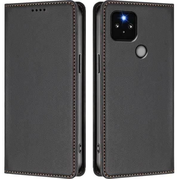 Custodia Per Google Pixel 5, Flip Cover In Finto Cuoio Antiurto E Magnetica Con Supporto Nero-image