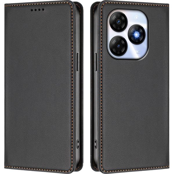 Custodia In Pelle Per Itel P55 4G, Custodia Flip Magnetica In Finto Cuoio Con Supporto Nero-image