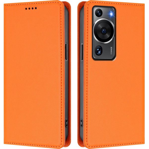 Custodia In Pelle Per Huawei P60 / P60 Pro, Custodia Magnetica In Finto Cuoio Con Supporto Arancione-image