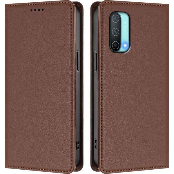 Custodia In Pelle Per Oneplus Nord Ce 5G, Custodia Magnetica In Finto Cuoio Con Supporto Marrone-image