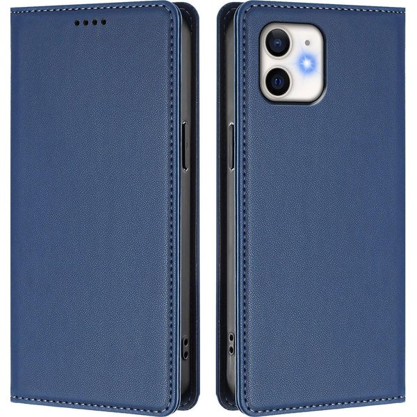 Custodia In Pelle Per Iphone 12/Iphone 12 Pro, Custodia Flip Magnetica In Finto Cuoio Con Supporto Blu Scuro-image